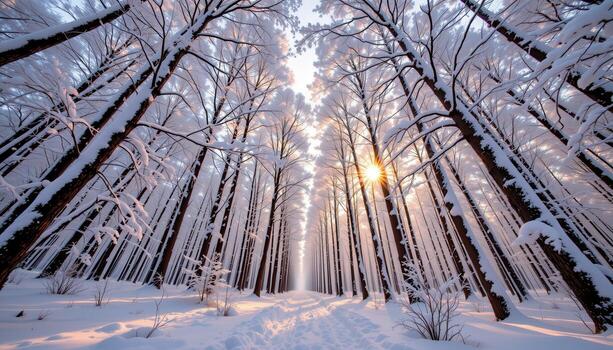 winter forest trees stretch skyward, snow clinging to each limb, golden light filtering through frost. photo