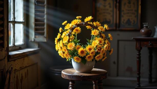 a wreath of dried dandelions resting atop a rustic stool in a dim room with sun rays filtering through old wooden shutters. photo