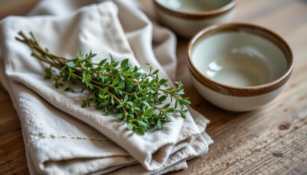 a small bundle of dried thyme resting atop folded linen napkins beside ceramic bowls with glaze cracks and rustic patterns. photo