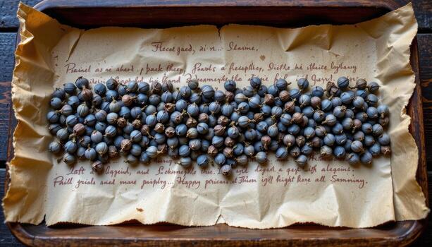 dried poppy seed heads lined neatly on a wooden tray, accompanied by fragments of old parchment and worn paper with faded ink marks. photo