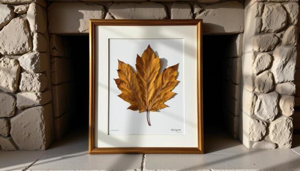 dried oak leaves pressed and framed with brass borders leaning against a stone fireplace mantel under soft shadow patterns. photo