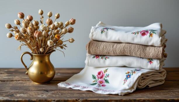 a dried bouquet arranged in a brass jug beside folded linen cloths with embroidered floral patterns on a rustic wooden table. photo