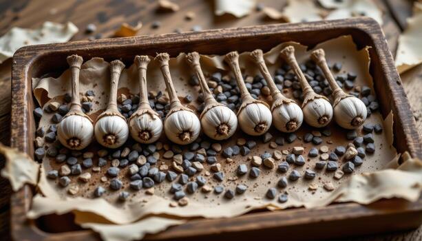 dried poppy seed heads neatly lined on a wooden tray, surrounded by fragments of torn parchment and brittle paper. photo