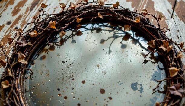 a crown of dried ivy vines resting on an antique mirror speckled with age spots reflecting soft muted shadows. photo