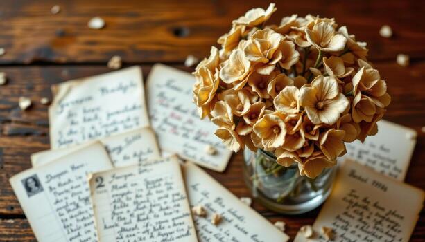 frágil seco hortensias arreglado en un claro vaso tarro junto a dispersado antiguo postales y escrito letras. foto