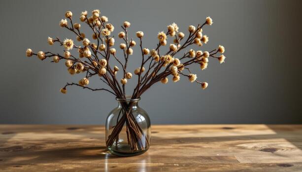 dried branches with delicate seed clusters standing in a smoky glass vase atop an oak writing desk surface. photo