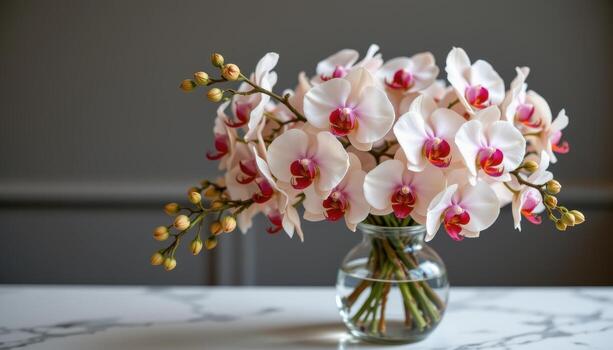 a bouquet of dried orchids in pale tones displayed inside a glass vase on a marble topped table. photo