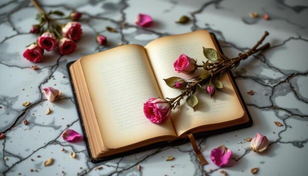 delicate dried roses pressed between yellowed pages of an old journal lying on a cracked marble table with scattered petals and faint shadows. photo