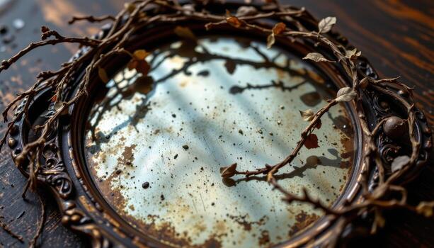 a crown of dried ivy vines lying atop an antique mirror speckled with age spots, reflecting soft shadows and muted natural light. photo