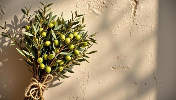 dried olive branches tied with raffia resting against a textured plaster wall with golden sunlight highlighting their muted green tones. photo