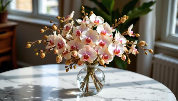 a bouquet of dried orchids in pale tones displayed inside a glass vase on a marble topped table with soft reflections from the window. photo
