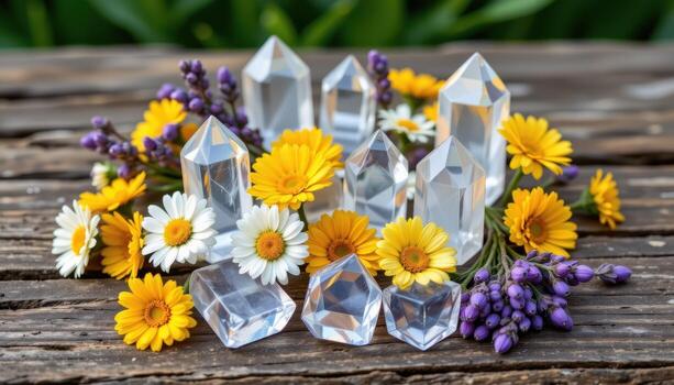 clear quartz points encircled by clusters of daisies, marigolds, and tiny lavender buds on a rustic wooden table. photo