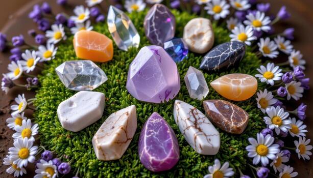 a variety of raw crystals displayed in a circular pattern atop moss and surrounded by delicate lavender and daisies. photo