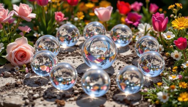 clear quartz spheres displayed in a circular pattern surrounded by roses, tulips, and tiny wildflowers under sunlight. photo
