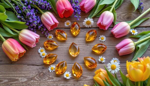 citrine points resting among tulips, lavender, and tiny daisies arranged in a circular formation atop a wooden table. photo