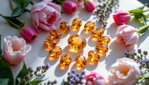 citrine stones displayed in a circular pattern with surrounding tulips, peonies, and delicate lavender buds under soft sunlight. photo