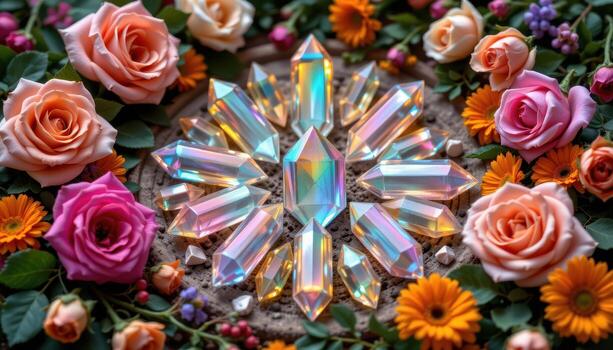 iridescent crystal points arranged in a circular pattern surrounded by roses, marigolds, and trailing vines. photo