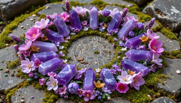 amethyst points arranged among peonies, lavender, and tiny wildflowers in a circular formation on mossy stone slabs. photo