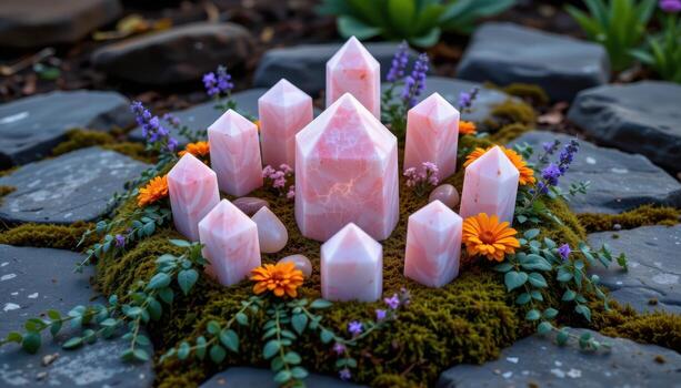 rose quartz points arranged in a circle with marigolds, lavender, and trailing ivy atop mossy stone slabs at dusk. photo