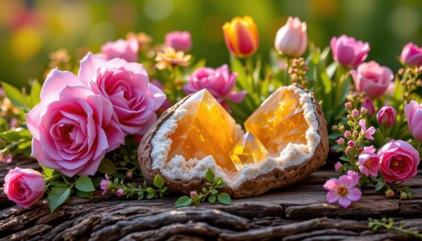 citrine geodes resting among roses, tulips, and creeping thyme atop textured wood softly illuminated by golden rays. photo