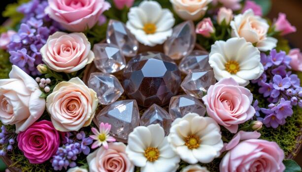 smoky quartz clusters nestled among roses, peonies, and lilac blooms arranged in a circular pattern on moss. photo