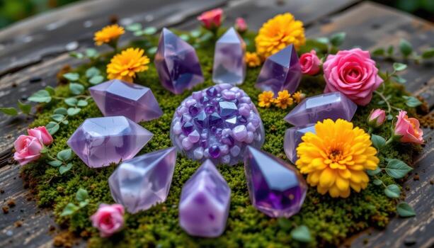 amethyst points arranged in a circle with surrounding marigolds, roses, and delicate trailing ivy atop moss. photo