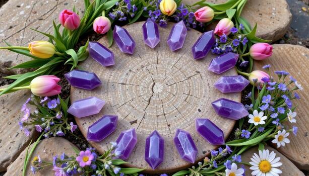 amethyst points arranged among tulips, lavender, and tiny wildflowers in a circular pattern on rustic stone slabs. photo