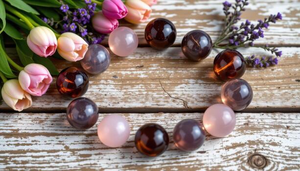 smoky quartz spheres displayed in a circular pattern with tulips, lavender, and tiny wildflowers on rustic wooden surfaces. photo