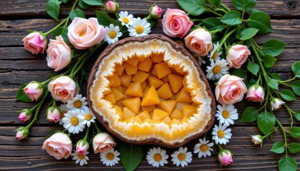 citrine geodes resting among roses, daisies, and trailing ivy in a circular pattern atop rustic wooden surfaces. photo