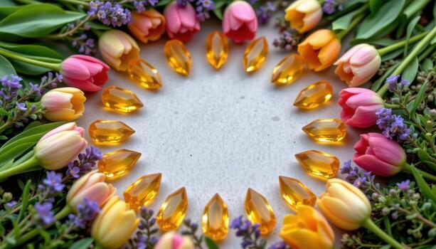 citrine points arranged in a circle surrounded by tulips, lavender, and tiny sprigs of creeping thyme. photo