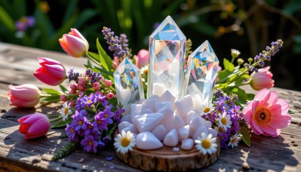 shimmering crystal points encircled by tulips, lavender, and tiny daisies on a rustic wooden table with golden sunlight. photo
