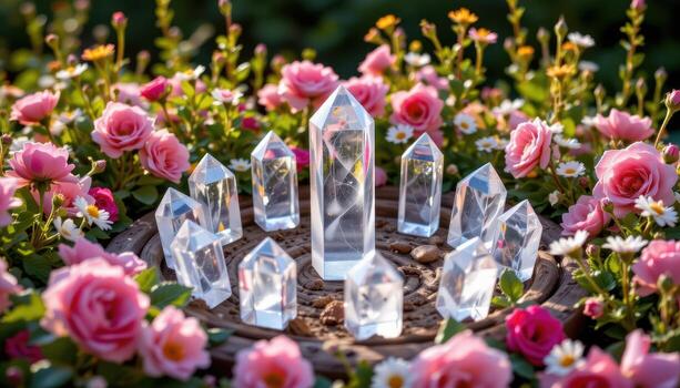 clear quartz points resting in a circular pattern surrounded by roses, daisies, and trailing ivy at golden hour. photo