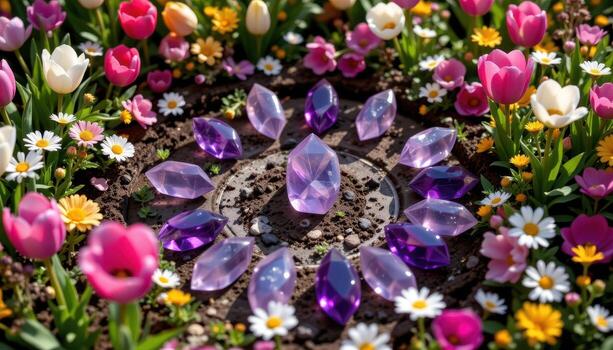 amethyst points arranged in a circle surrounded by tulips, daisies, and tiny wildflowers reflecting sunlight. photo