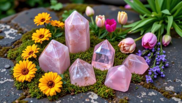 rose quartz points resting among marigolds, tulips, and tiny sprigs of lavender on a mossy stone surface. photo