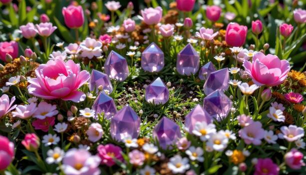 amethyst points nestled among peonies, tulips, and tiny wildflowers encircled in a circular formation reflecting sunlight. photo