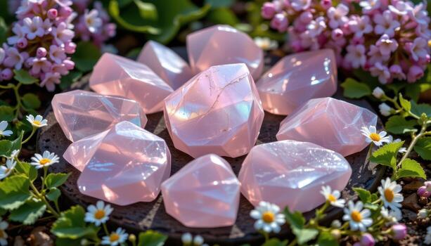 iridescent rose quartz clusters displayed in a circular pattern with lilac blossoms, daisies, and trailing ivy under soft morning light. photo