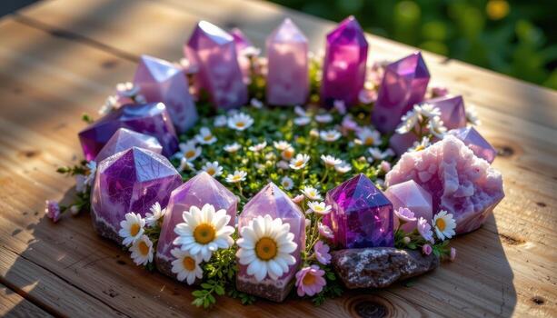 amethyst crystals arranged in a circle with daisies, peonies, and creeping thyme atop a wooden table, glowing softly under golden rays. photo