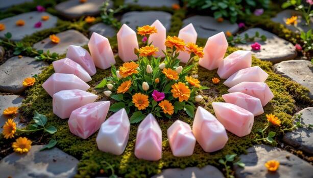 rose quartz points arranged in a circular pattern with marigolds, tulips, and trailing ivy scattered across mossy stones under soft light. photo