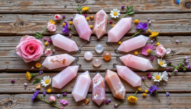 rose quartz points displayed in a circle with roses, daisies, and tiny wildflowers scattered across a wooden tabletop. photo