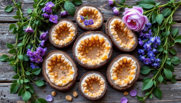 citrine geodes arranged among lavender, peonies, and trailing ivy in a circular pattern on rustic wooden surfaces. photo