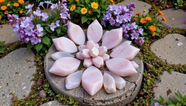rose quartz clusters displayed among lilac blooms, marigolds, and creeping thyme in a circular pattern on rustic stone. photo