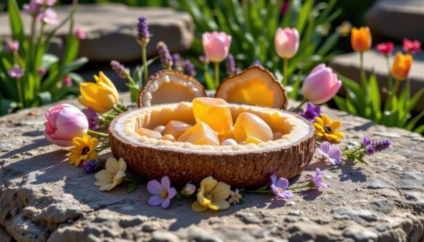 citrine geodes resting in a circle with tulips, lavender, and tiny wildflowers on textured stone, glowing under soft sunlight. photo