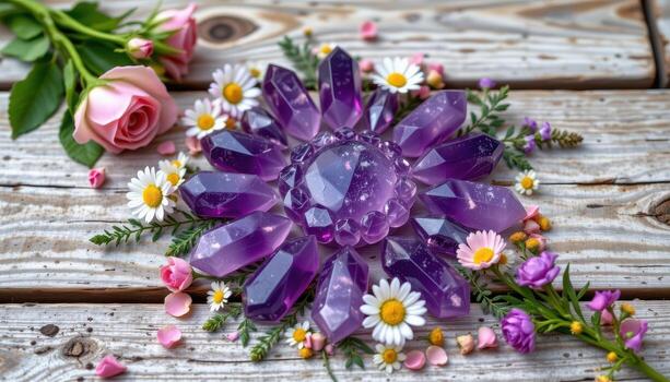 amethyst points arranged among roses, daisies, and tiny wildflowers in a circle on a rustic wooden tabletop. photo