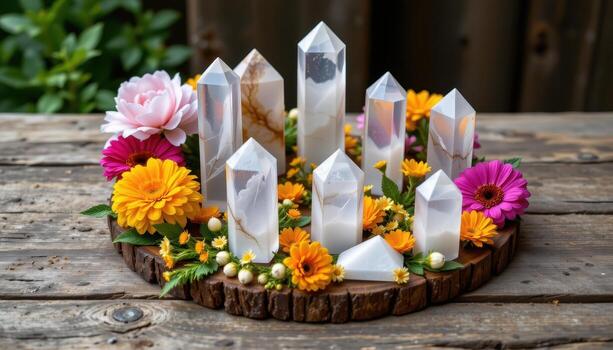 clear quartz towers displayed with peonies, marigolds, and tiny daisies arranged in a circular pattern on rustic wood. photo