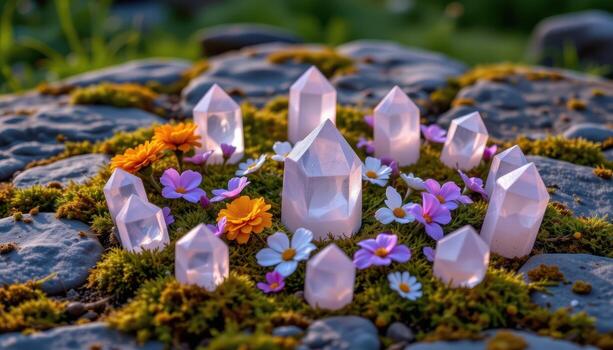 rose quartz points nestled with lilac blooms, marigolds, and tiny daisies arranged in a circle on mossy stones at dusk. photo
