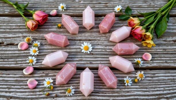 rose quartz points arranged in a circle with roses, daisies, and tiny wildflowers scattered across a textured wooden surface. photo