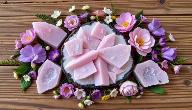 rose quartz clusters displayed with lilac blooms, peonies, and tiny wildflowers arranged in a circular pattern on wood. photo