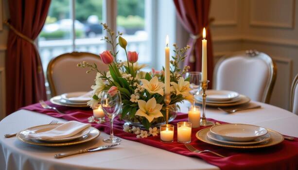 romantic table decor with velvet runner, tulips, lilies, and taper candles softly glowing around elegant plates. photo