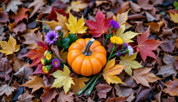 a small decorative pumpkin surrounded by fallen maple leaves and wildflowers arranged in a natural autumn pattern. photo