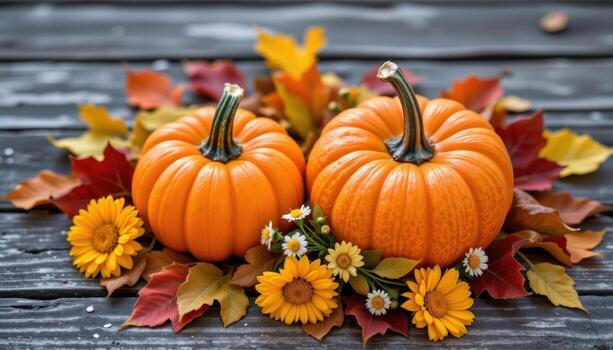 medium pumpkin resting among autumn leaves with marigolds and tiny daisies arranged naturally on a rustic wooden surface. photo